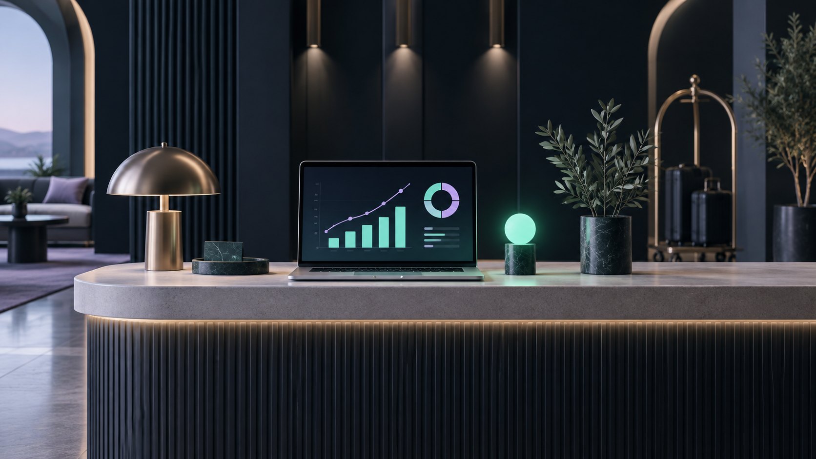 A hotel reception desk with revenue insights on a laptop