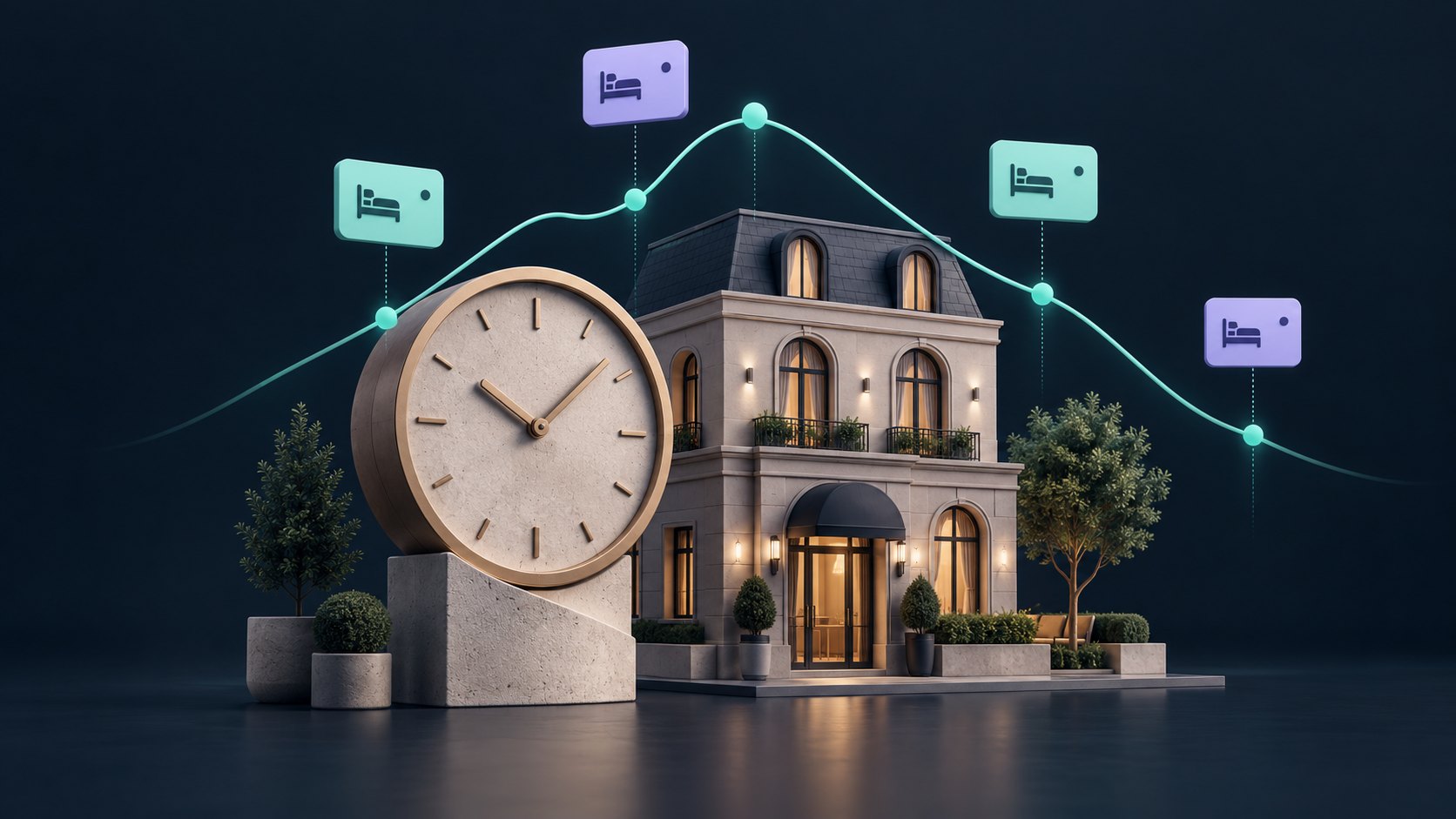A clock and boutique hotel beneath a changing rate curve